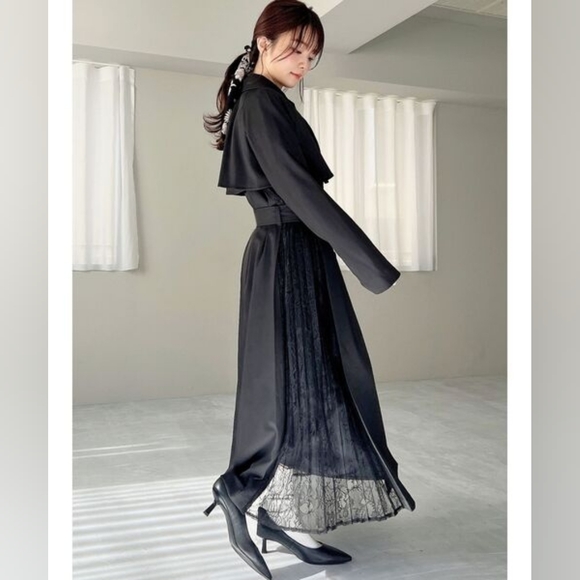 resexxy Jackets & Blazers - Resexxy Gyaru Black Trench Coat Pleated Lace Panel Sides Tortoise Shell Buttons